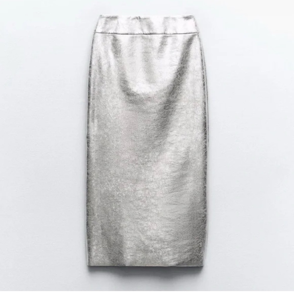 ZARA Stunning Silver Faux Leather Metallic Midi w/Broad Waistband & back slit🔥🔥🔥